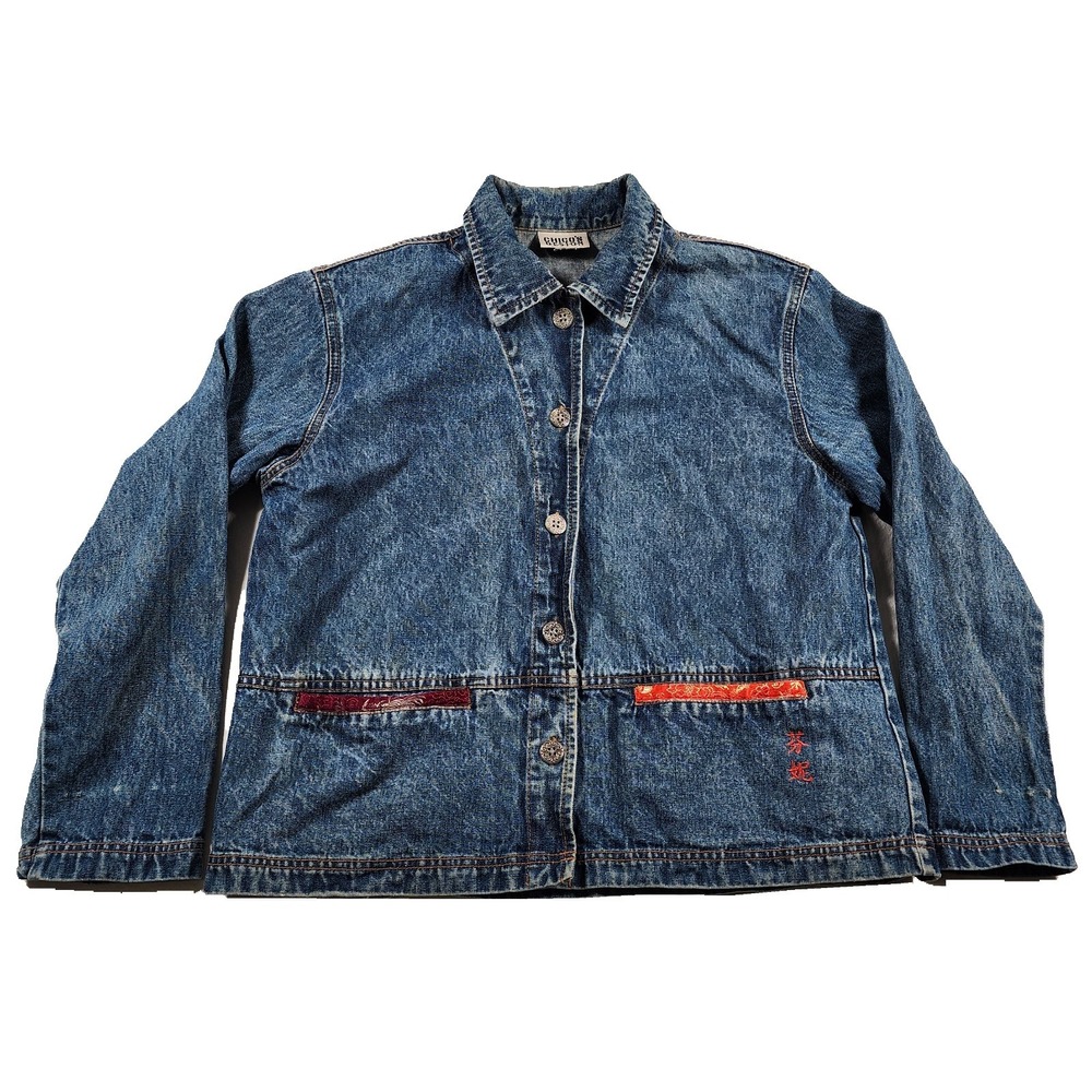 Chicos Denim Jacket Womens Medium Modigliani Chinese Noblewoman Asian Art Y2K